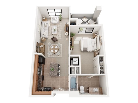 A top down view of a small apartment with a kitchen, living room, and bathroom.